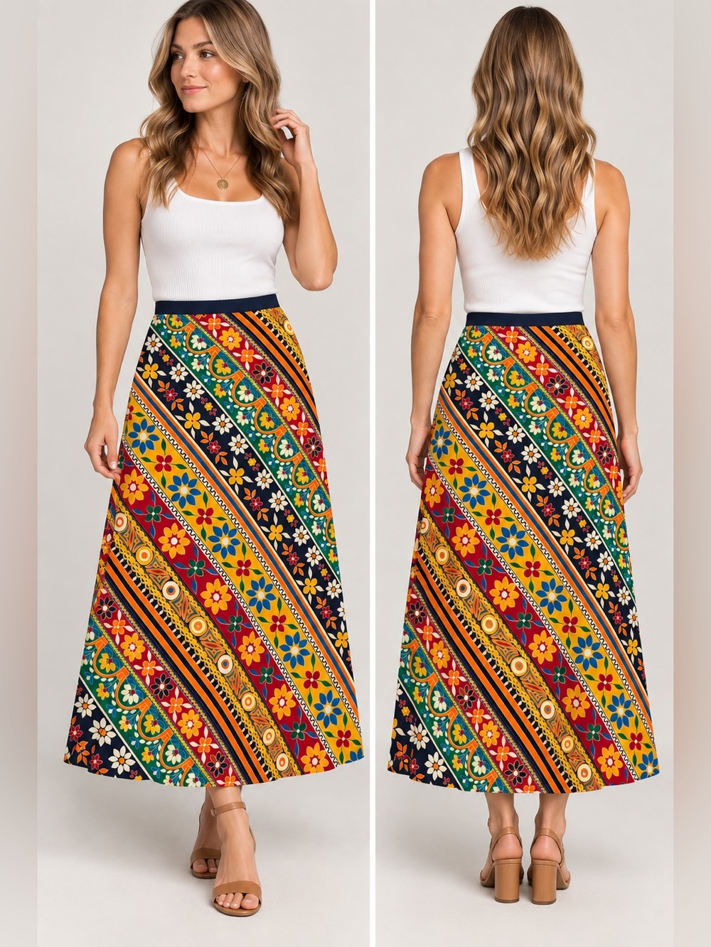 Vtg Summit of Boston Maxi Skirt Boho Folk Art Floral Geometric 70s Festival S